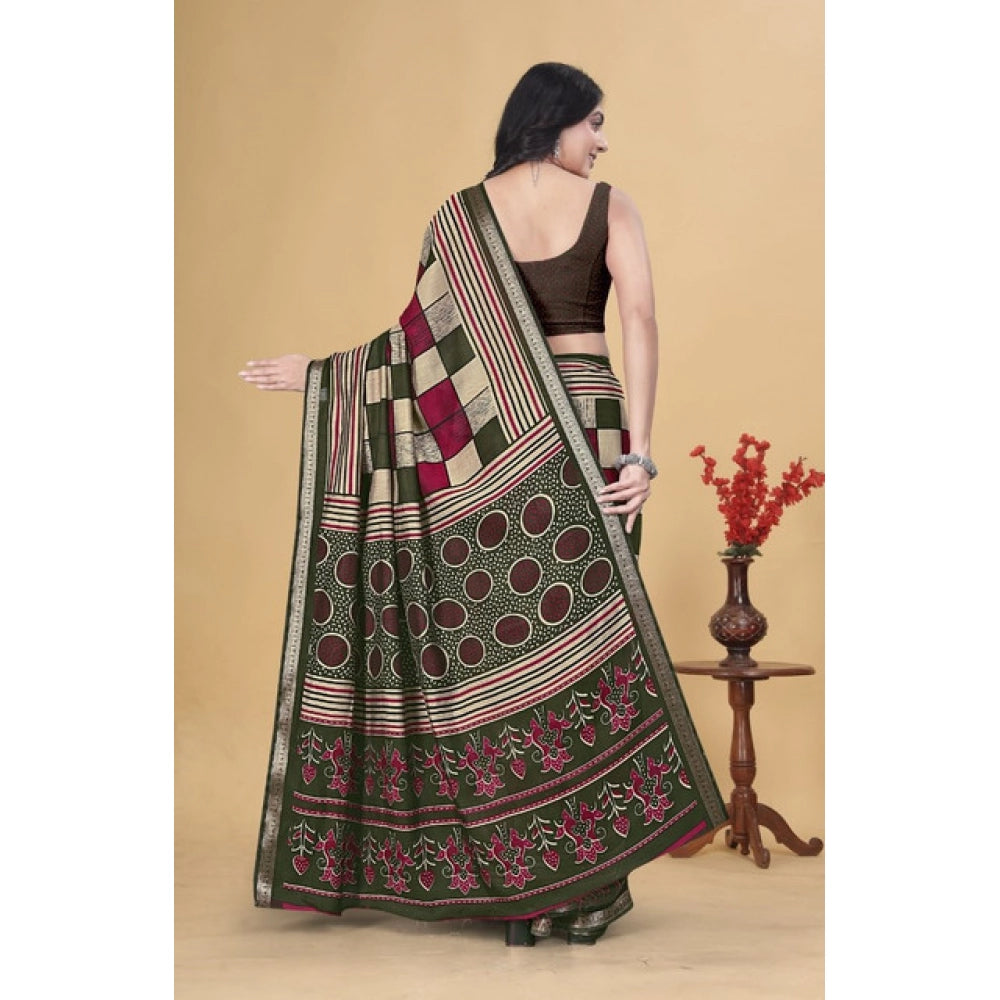 Women's Dupion Silk Block Printed Saree With Unstitched Blouse 5.5Mtr (Multicolor)