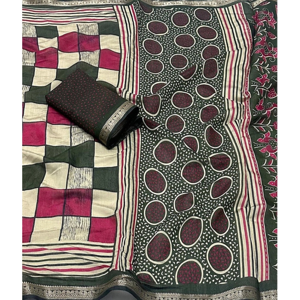 Women's Dupion Silk Block Printed Saree With Unstitched Blouse 5.5Mtr (Multicolor)