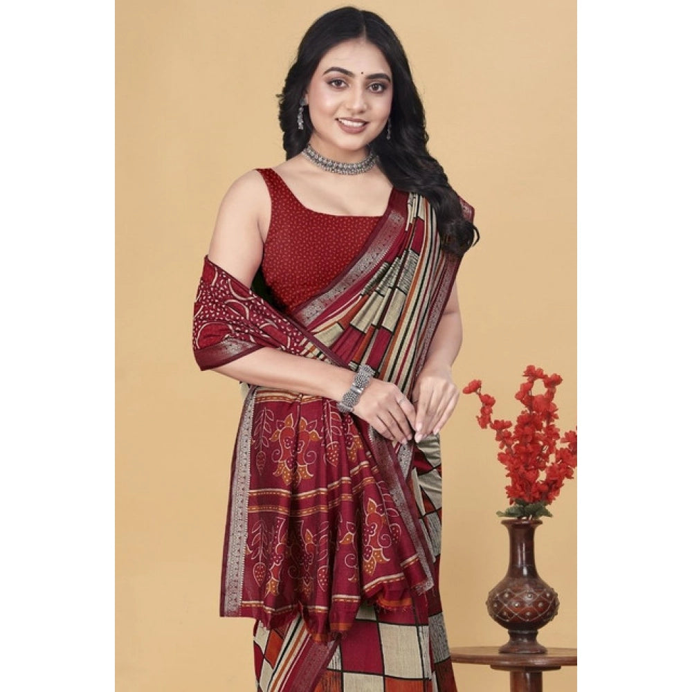 Women's Dupion Silk Block Printed Saree With Unstitched Blouse 5.5Mtr (Multicolor)