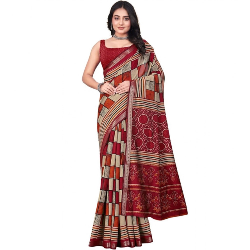 Women's Dupion Silk Block Printed Saree With Unstitched Blouse 5.5Mtr (Multicolor)