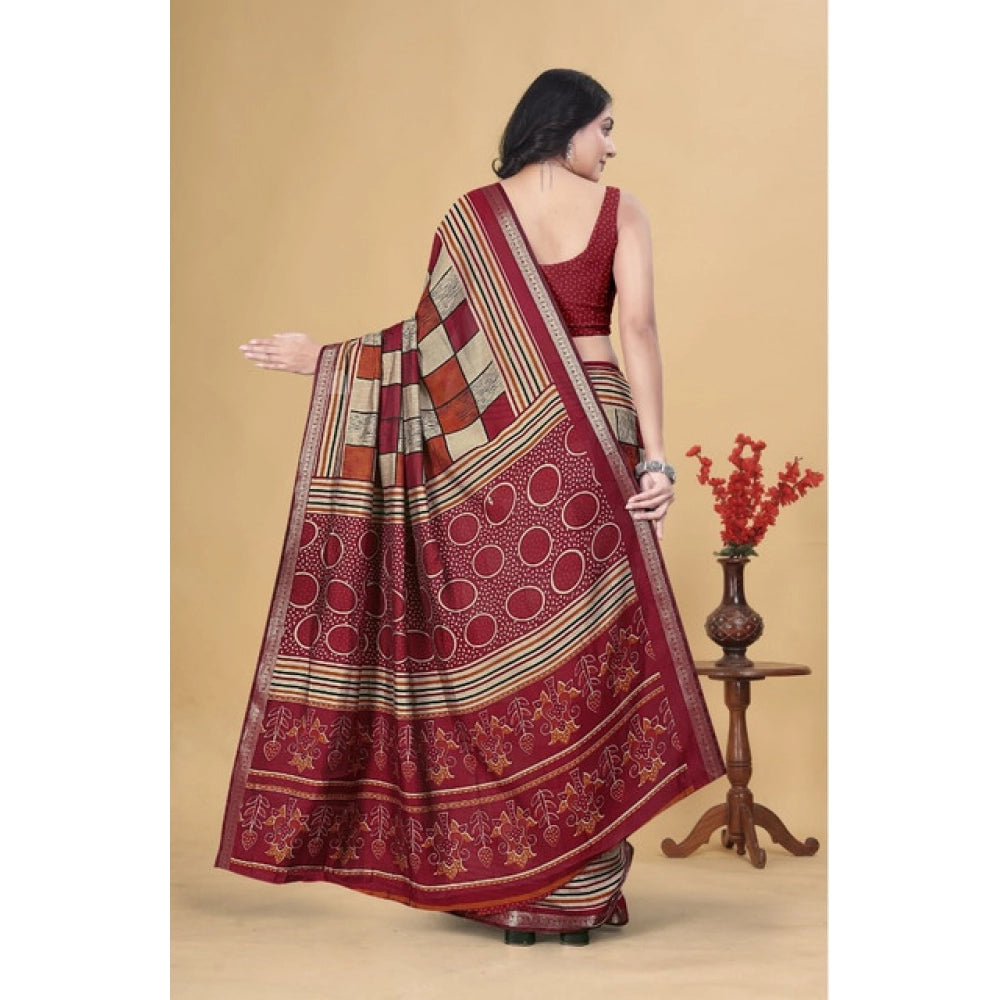 Women's Dupion Silk Block Printed Saree With Unstitched Blouse 5.5Mtr (Multicolor)