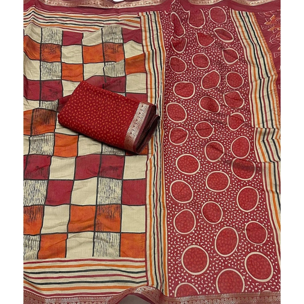 Women's Dupion Silk Block Printed Saree With Unstitched Blouse 5.5Mtr (Multicolor)