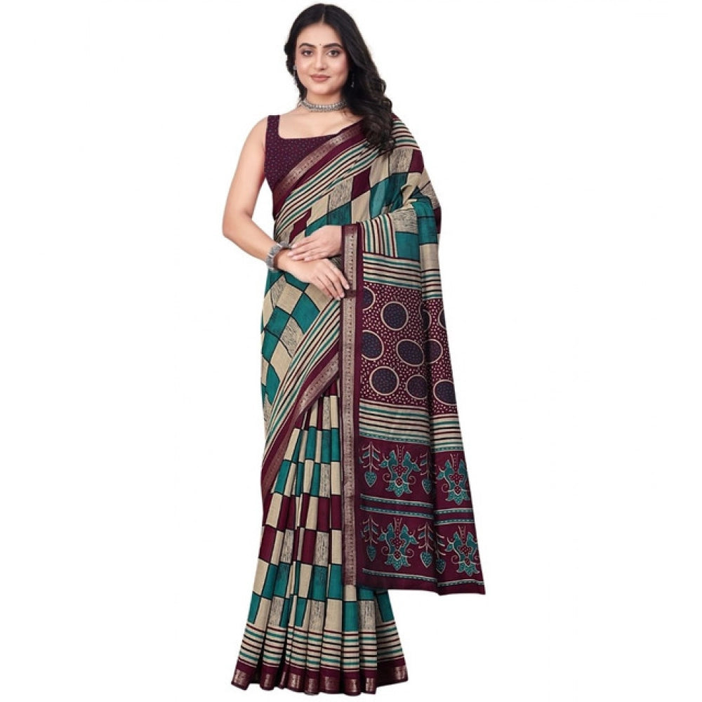 Women's Dupion Silk Block Printed Saree With Unstitched Blouse 5.5Mtr (Multicolor)
