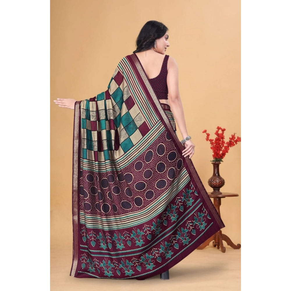 Women's Dupion Silk Block Printed Saree With Unstitched Blouse 5.5Mtr (Multicolor)
