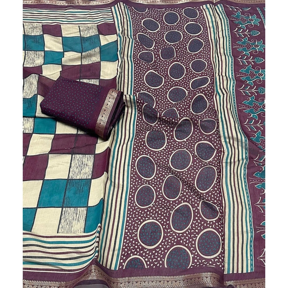 Women's Dupion Silk Block Printed Saree With Unstitched Blouse 5.5Mtr (Multicolor)