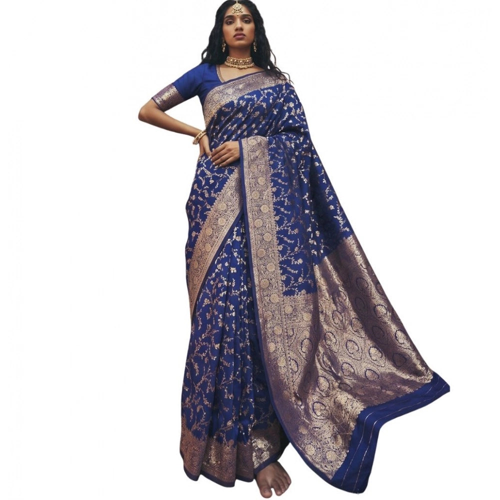 Women's Art Silk Printed Saree With Unstitched Blouse 5.5Mtr (Navy Blue)