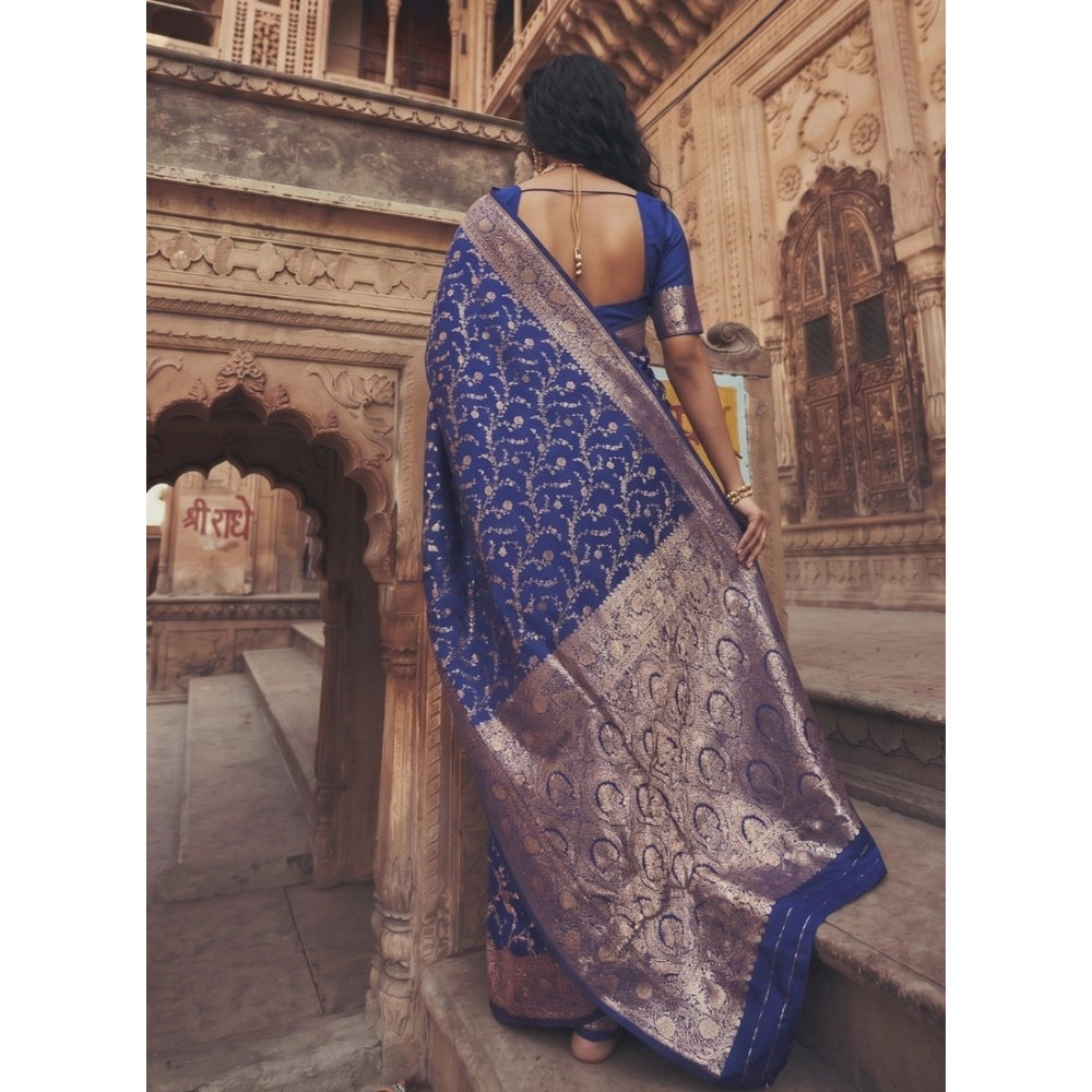 Women's Art Silk Printed Saree With Unstitched Blouse 5.5Mtr (Navy Blue)
