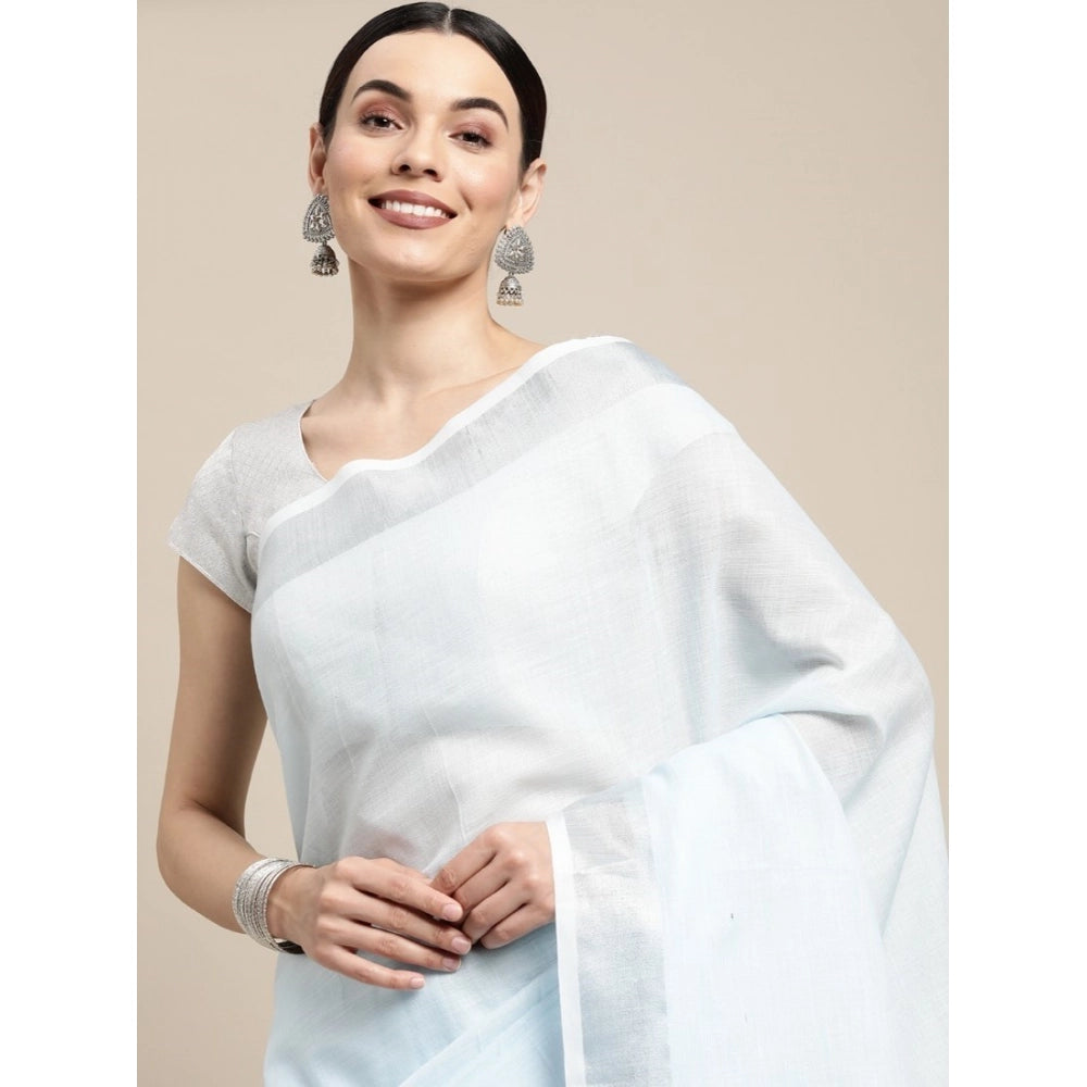 Women's Linen Cotton Striped Saree With Unstitched Blouse 5.5Mtr (Sky Blue)