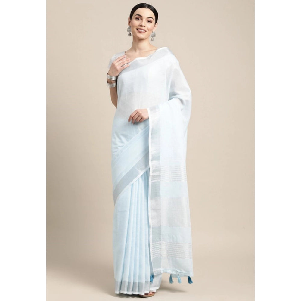 Women's Linen Cotton Striped Saree With Unstitched Blouse 5.5Mtr (Sky Blue)