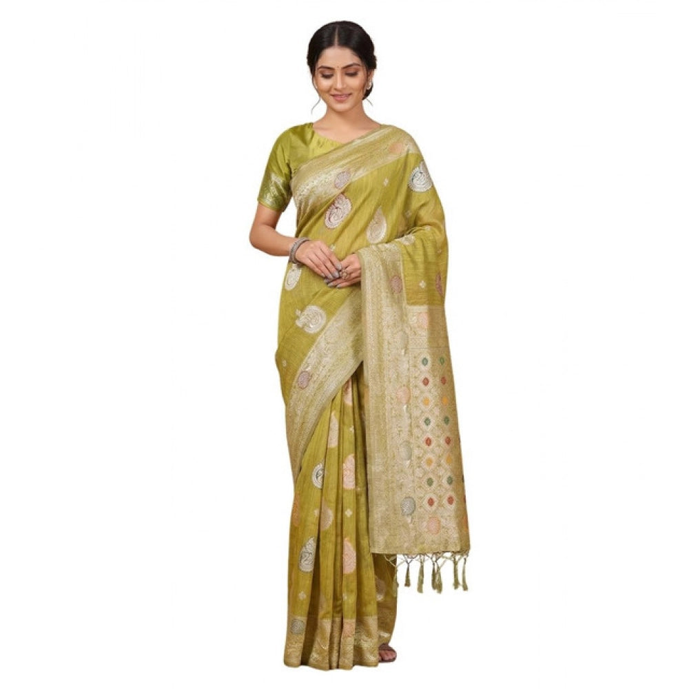 Women's Linen Cotton Printed Saree With Unstitched Blouse 5.5Mtr (Mustard)