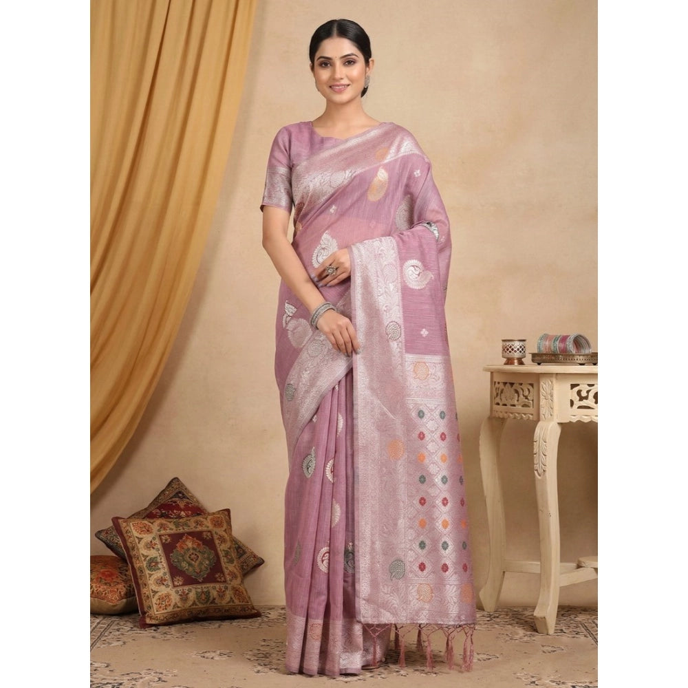Women's Linen Cotton Printed Saree With Unstitched Blouse 5.5Mtr (Purple)