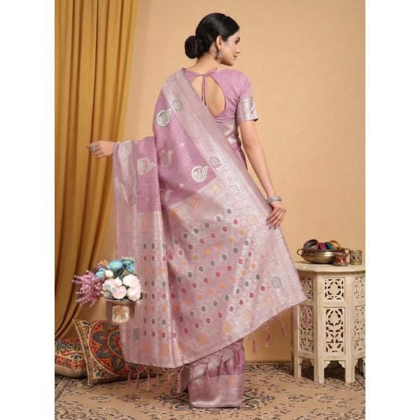 Women's Linen Cotton Printed Saree With Unstitched Blouse 5.5Mtr (Purple)