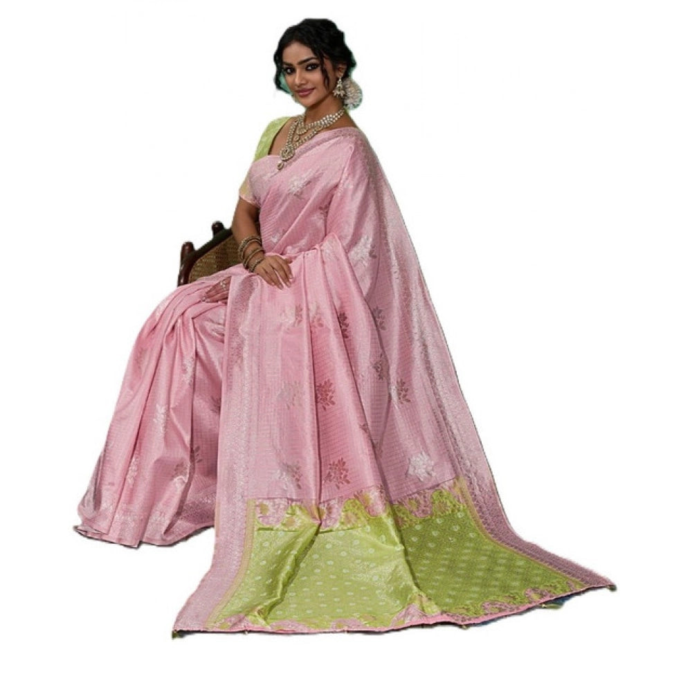 Women's Linen Cotton Printed Saree With Unstitched Blouse 5.5Mtr (Pink)
