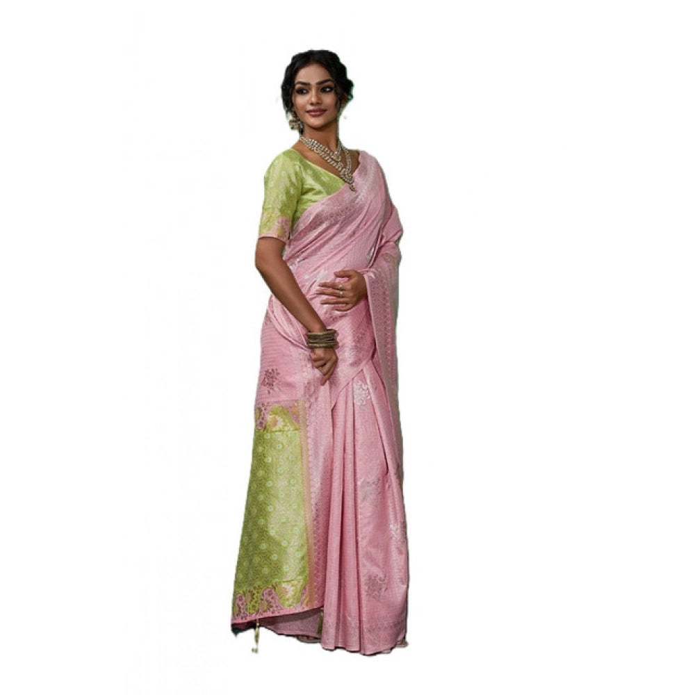 Women's Linen Cotton Printed Saree With Unstitched Blouse 5.5Mtr (Pink)