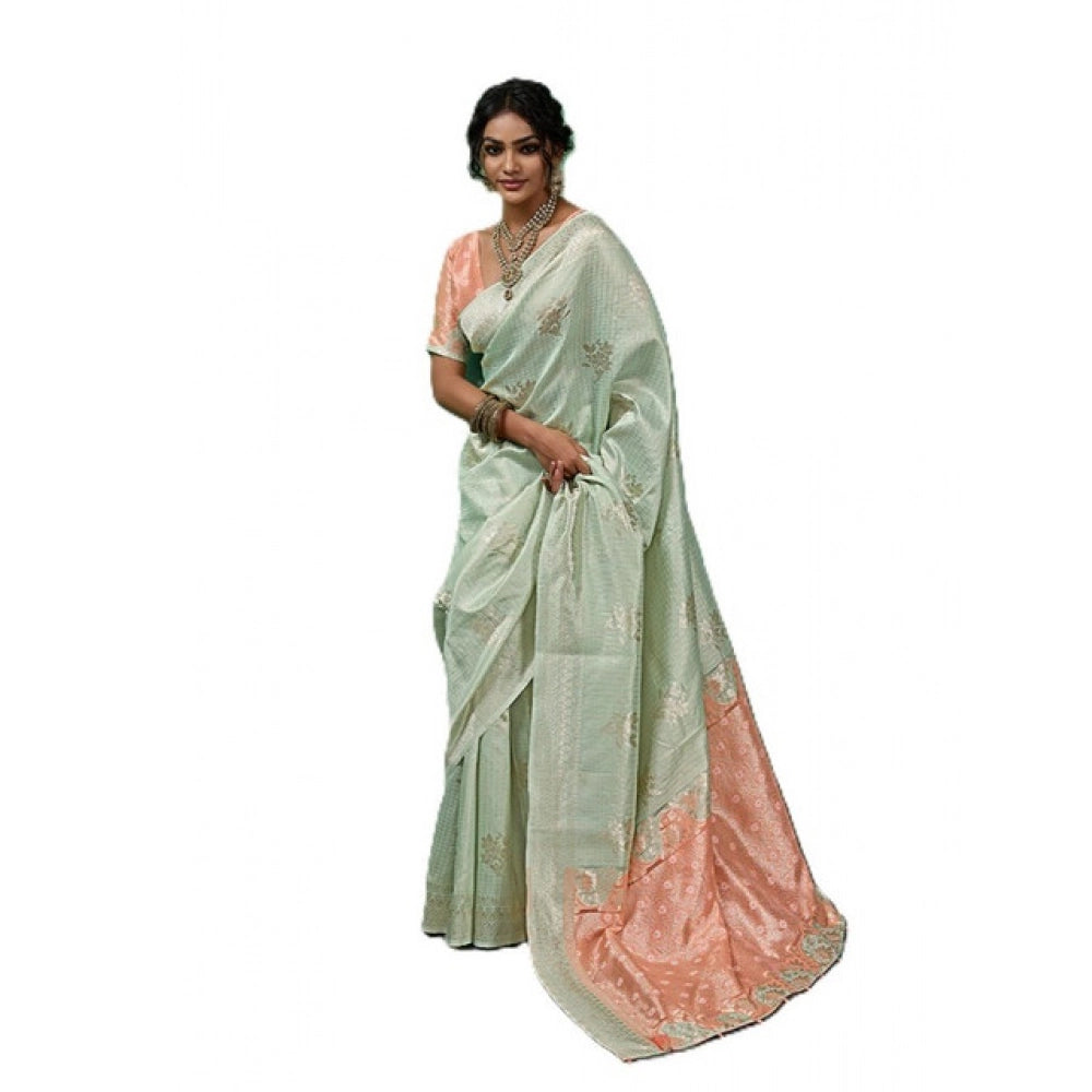 Women's Linen Cotton Printed Saree With Unstitched Blouse 5.5Mtr (Pista Green)