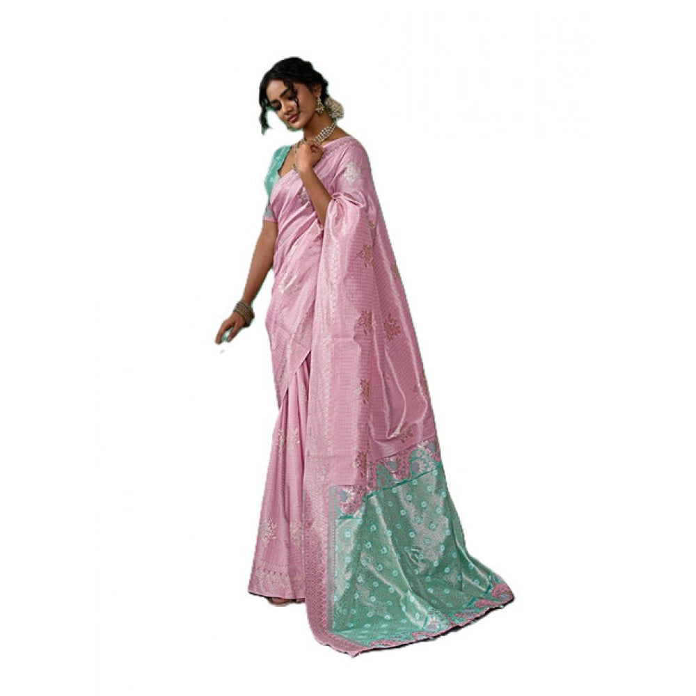 Women's Linen Cotton Printed Saree With Unstitched Blouse 5.5Mtr (Pastel Pink)