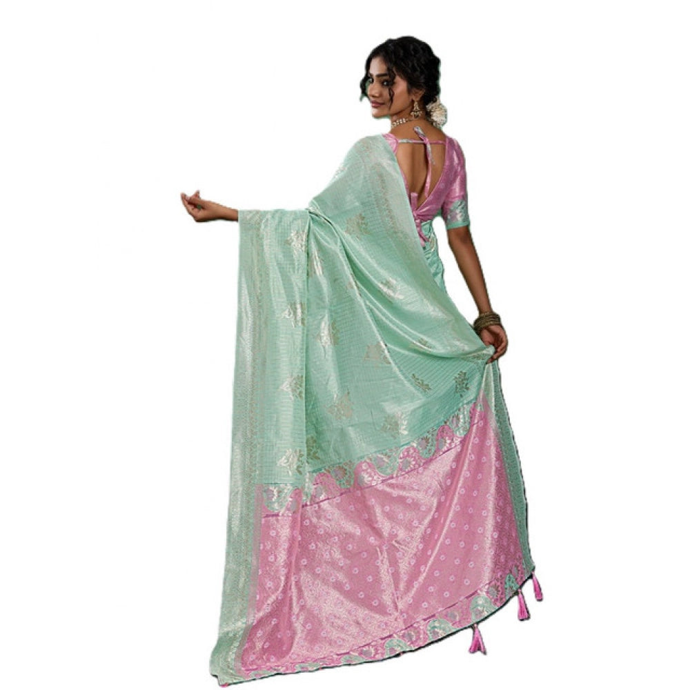 Women's Linen Cotton Printed Saree With Unstitched Blouse 5.5Mtr (Sea Green)