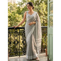 Women's Linen Striped Saree With Unstitched Blouse 5.5Mtr (Gray)