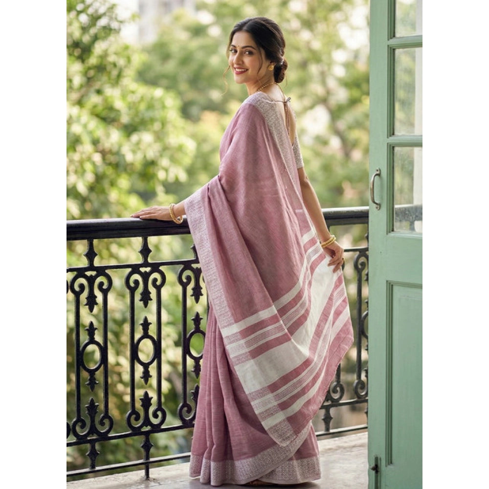 Women's Linen Striped Saree With Unstitched Blouse 5.5Mtr (Magenta)