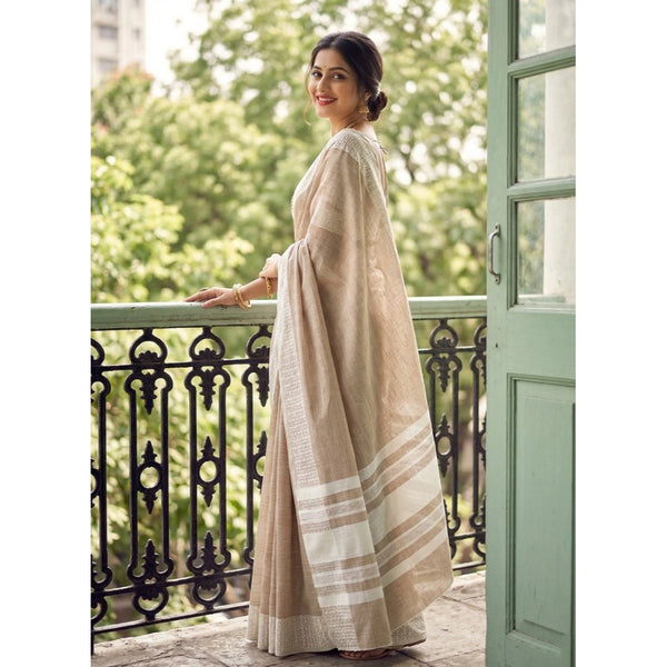 Women's Linen Striped Saree With Unstitched Blouse 5.5Mtr (Lite Brown)
