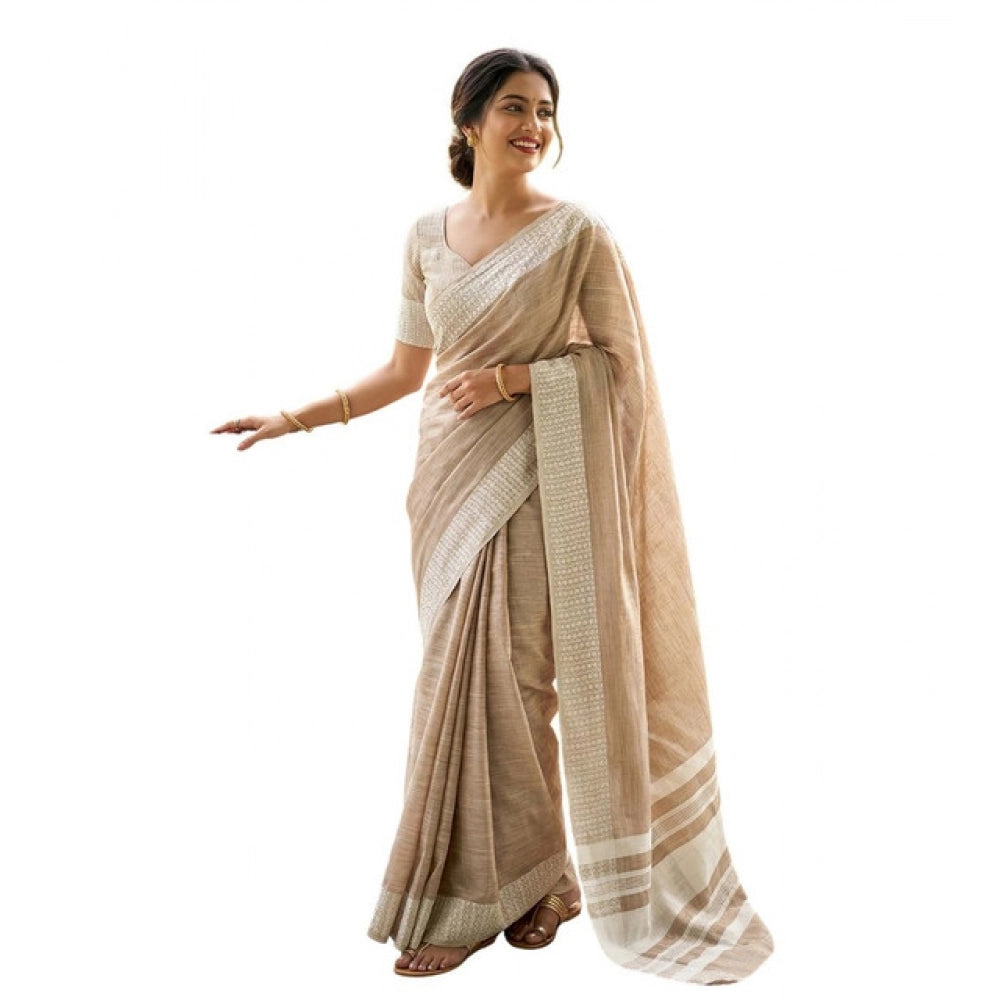 Women's Linen Striped Saree With Unstitched Blouse 5.5Mtr (Lite Brown)