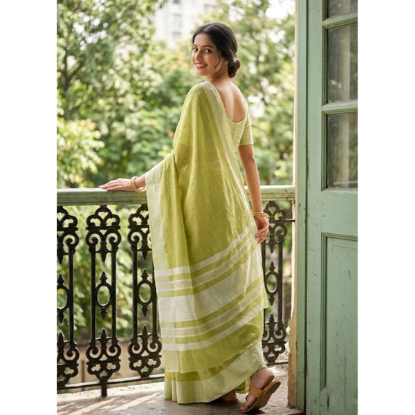 Women's Linen Striped Saree With Unstitched Blouse 5.5Mtr (Light Green)