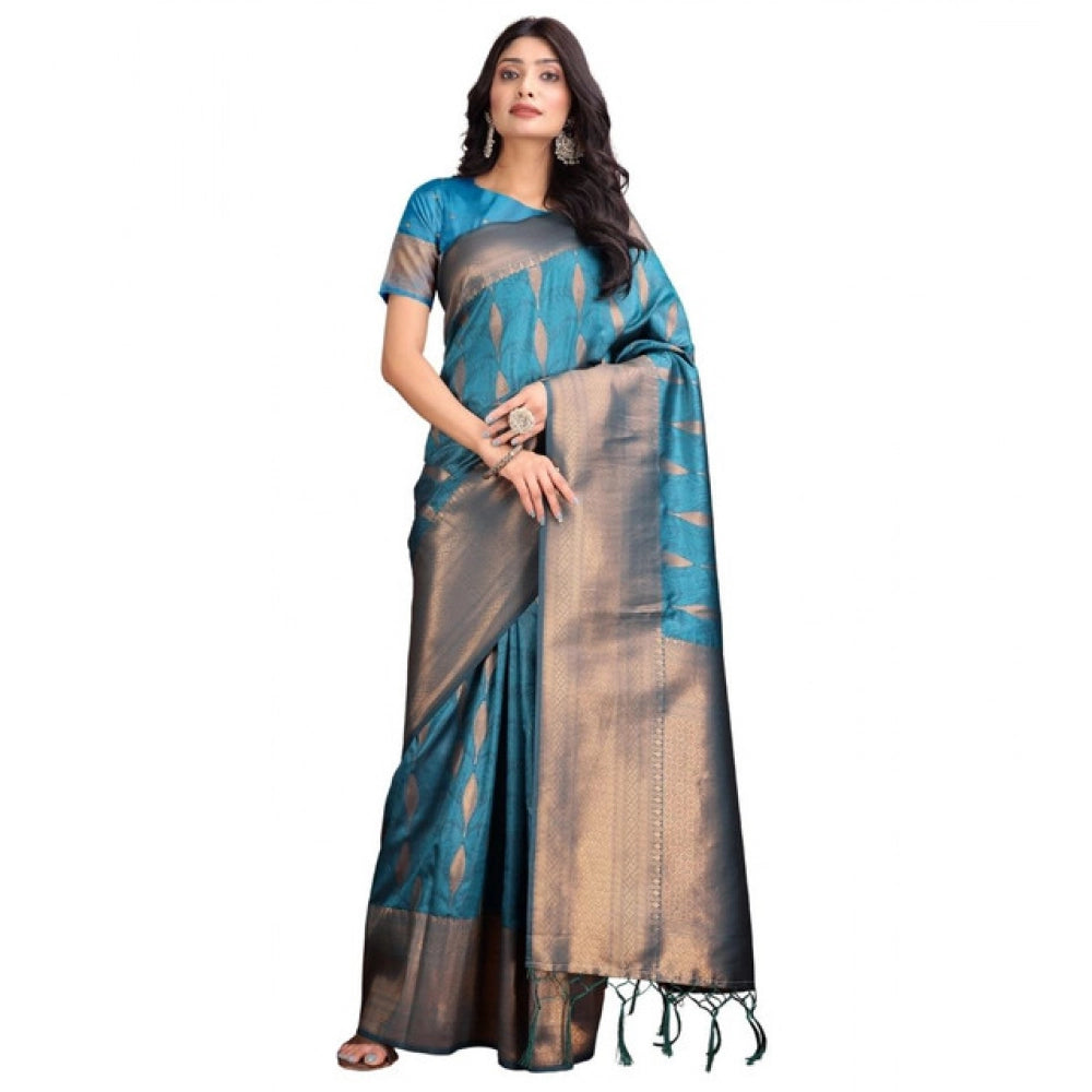 Women's Banarasi Silk Printed Saree With Unstitched Blouse 5.5Mtr (Blue)