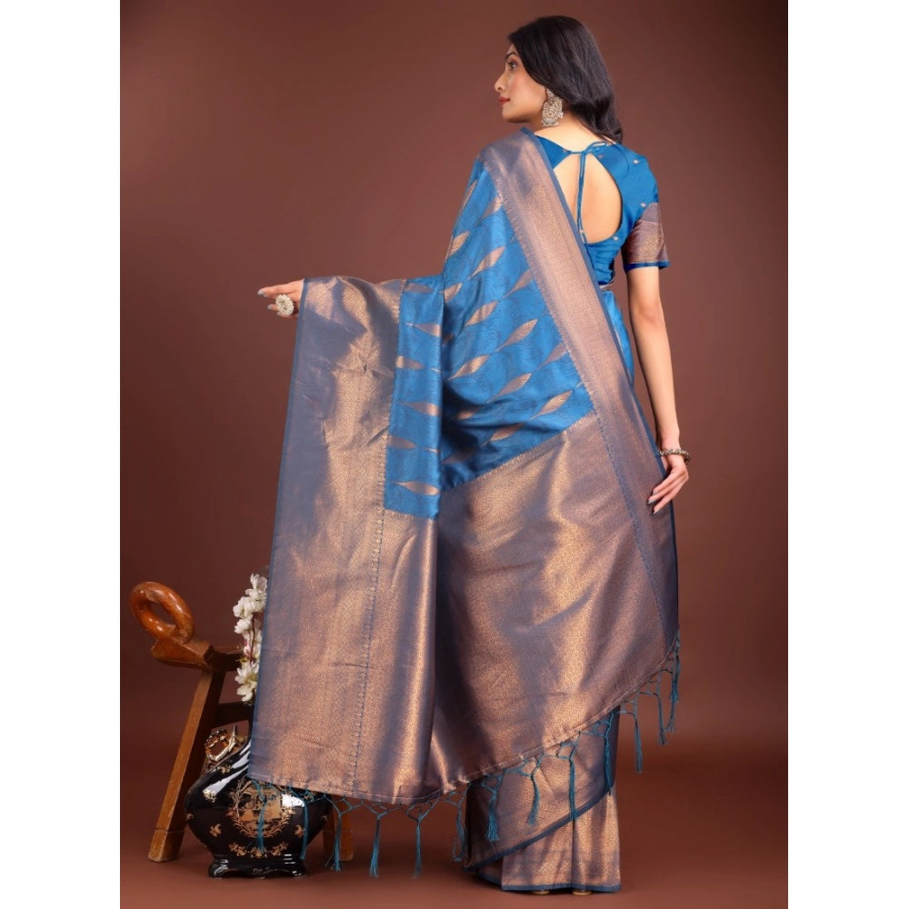 Women's Banarasi Silk Printed Saree With Unstitched Blouse 5.5Mtr (Royal Blue)