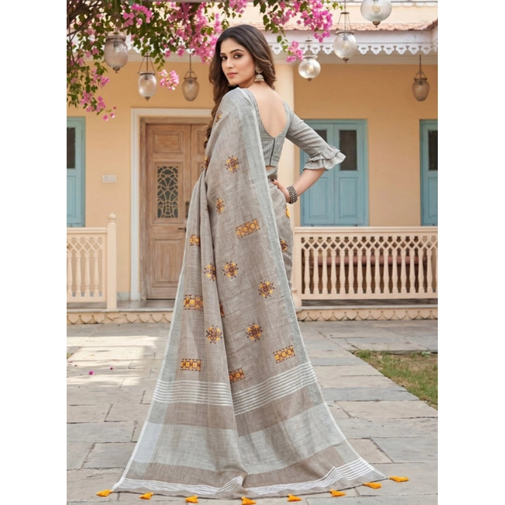 Women's Linen Embroidered Saree With Unstitched Blouse 5.5Mtr (Light Beige)