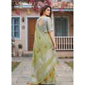 Women's Linen Embroidered Saree With Unstitched Blouse 5.5Mtr (Light Green)