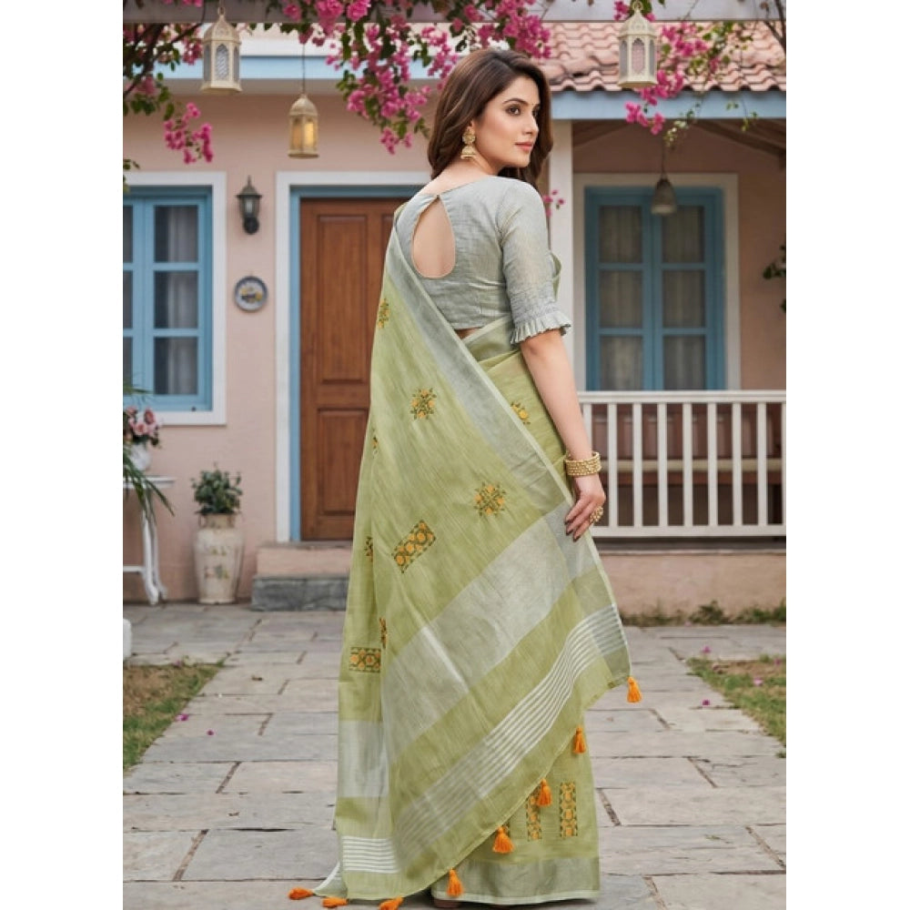 Women's Linen Embroidered Saree With Unstitched Blouse 5.5Mtr (Light Green)