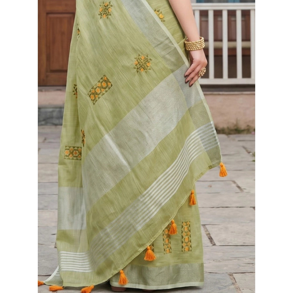 Women's Linen Embroidered Saree With Unstitched Blouse 5.5Mtr (Light Green)