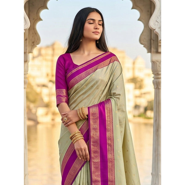 Women's Silk Blend Printed Saree With Unstitched Blouse 5.5Mtr (Light Green-Pink)