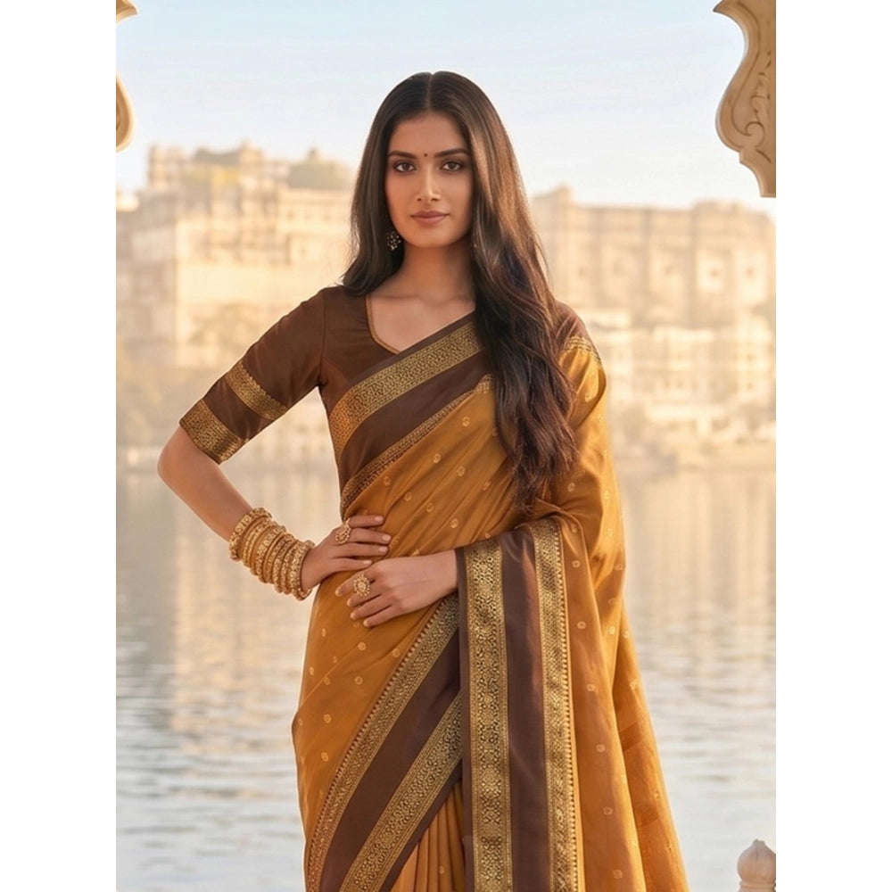 Women's Silk Blend Printed Saree With Unstitched Blouse 5.5Mtr (Mustard-Brown)