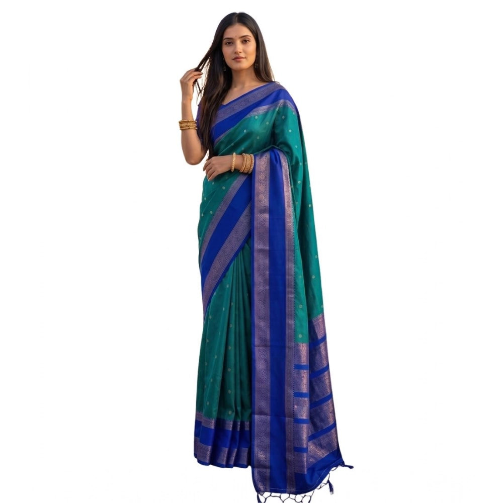 Women's Silk Blend Printed Saree With Unstitched Blouse 5.5Mtr (Teal-Blue)