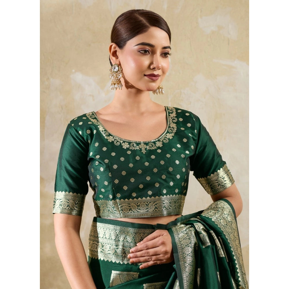 Women's Silk Blend Printed Saree With Unstitched Blouse 5.5Mtr (Dark Green)