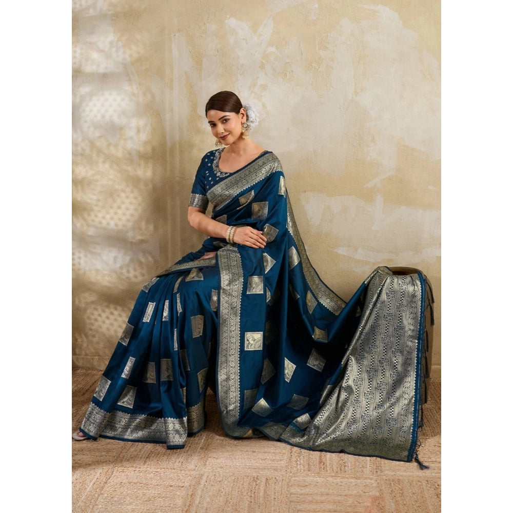 Women's Silk Blend Printed Saree With Unstitched Blouse 5.5Mtr (Teal Blue)