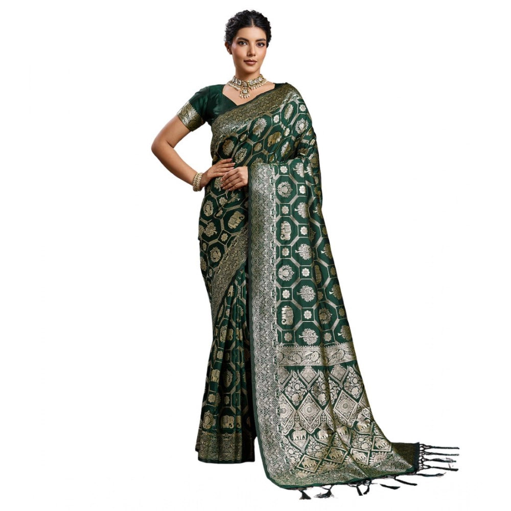 Women's Silk Blend Printed Saree With Unstitched Blouse 5.5Mtr (Bottel Green)