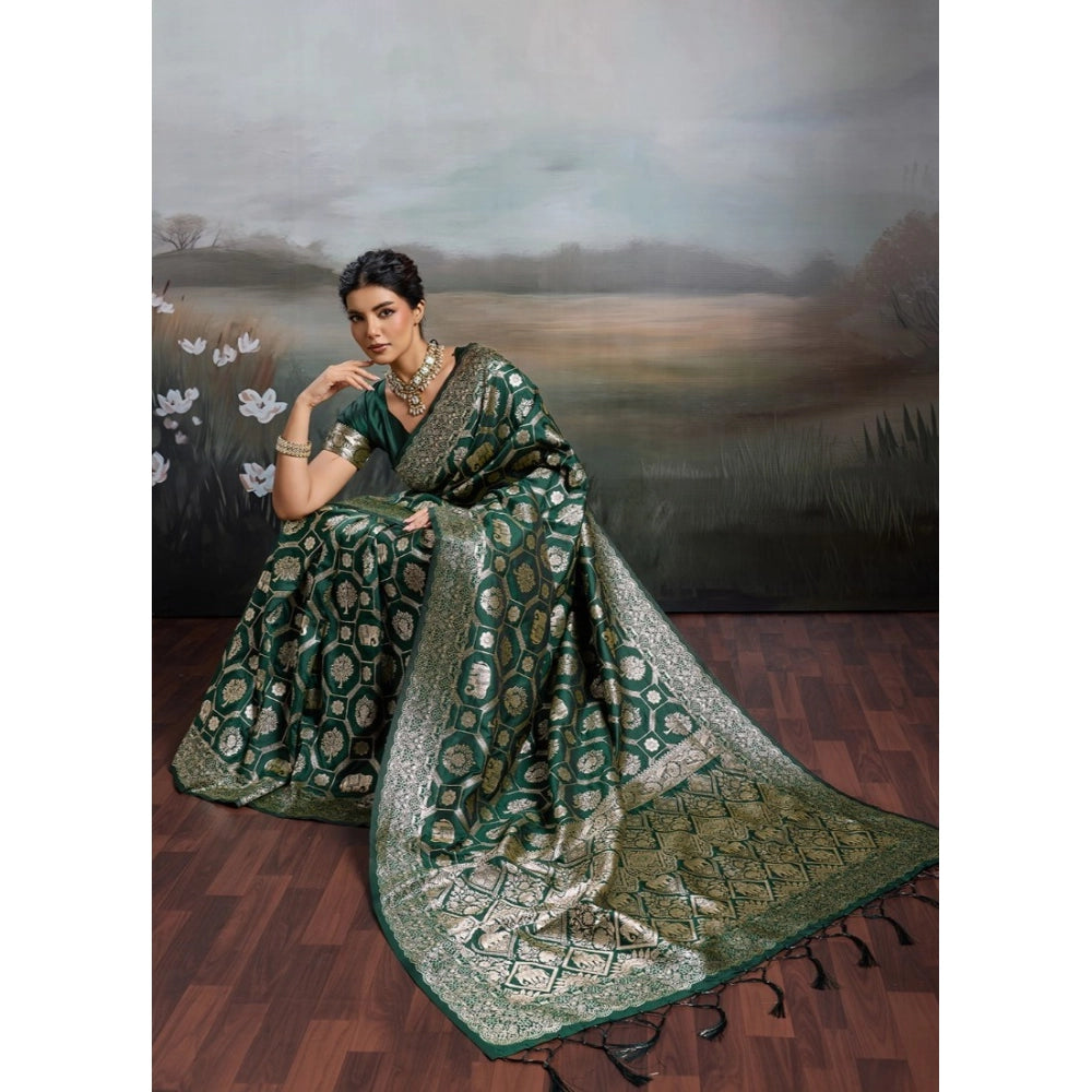 Women's Silk Blend Printed Saree With Unstitched Blouse 5.5Mtr (Bottel Green)
