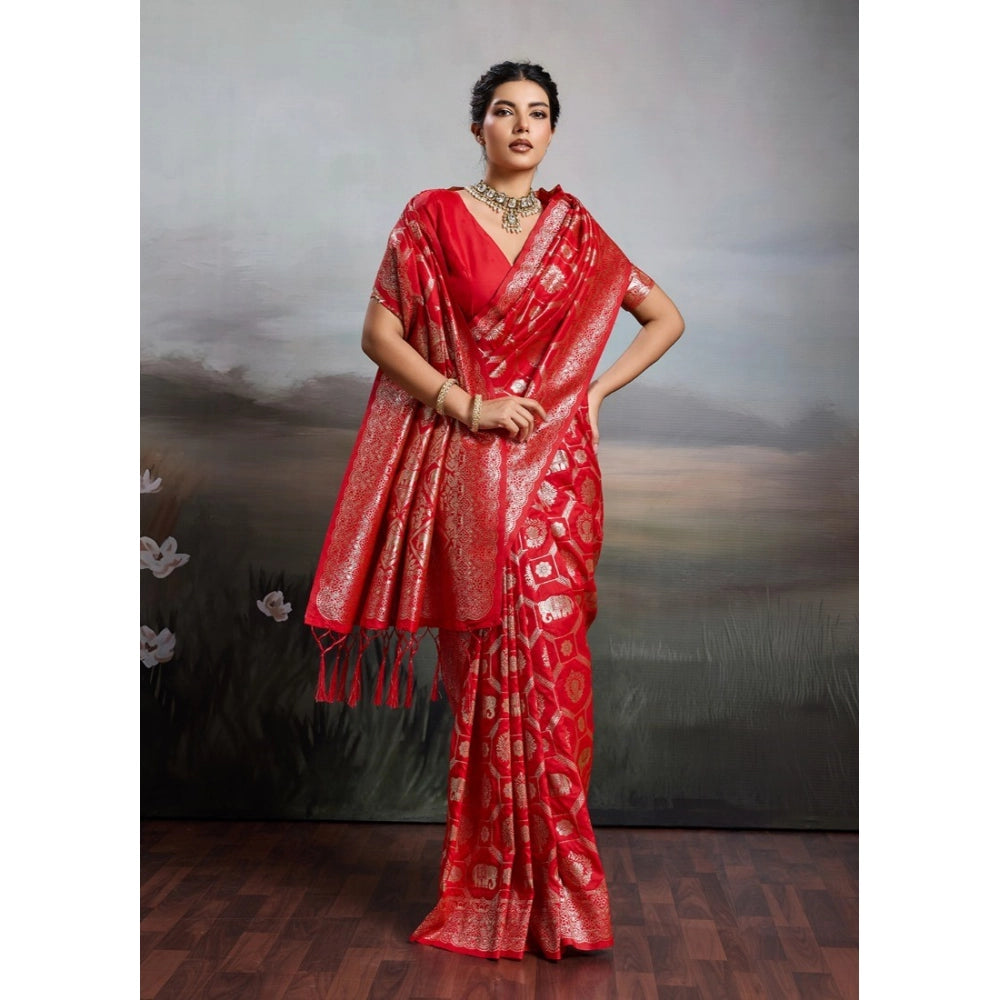 Women's Silk Blend Printed Saree With Unstitched Blouse 5.5Mtr (Red)