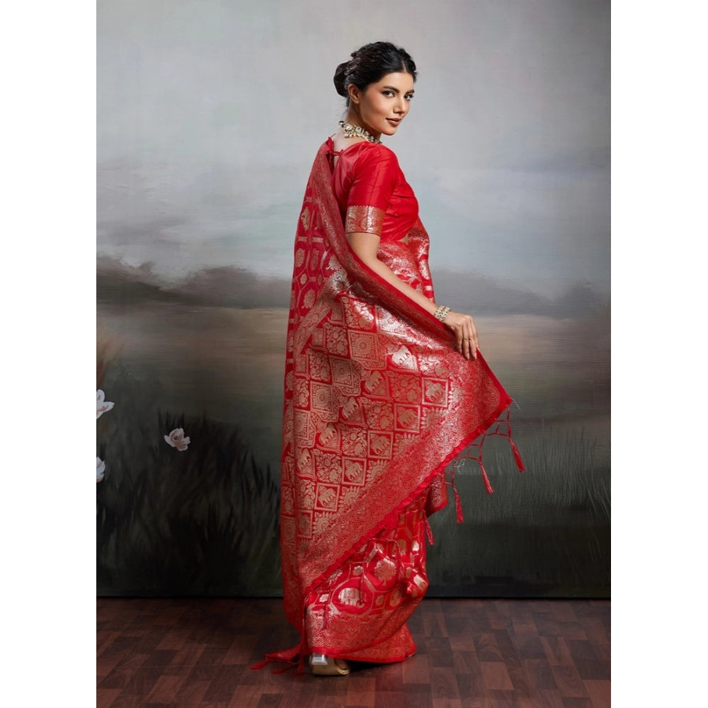 Women's Silk Blend Printed Saree With Unstitched Blouse 5.5Mtr (Red)