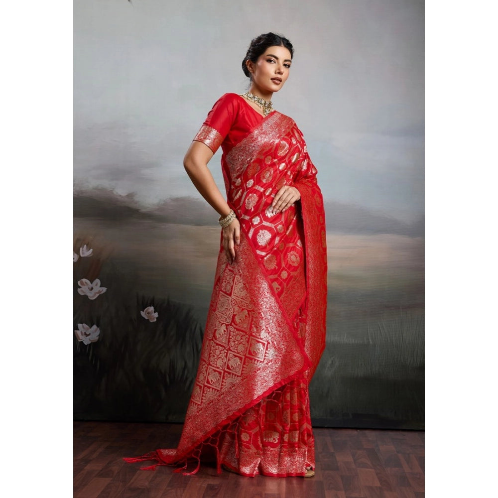 Women's Silk Blend Printed Saree With Unstitched Blouse 5.5Mtr (Red)