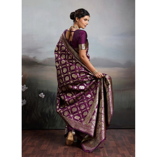 Women's Silk Blend Printed Saree With Unstitched Blouse 5.5Mtr (Wine)