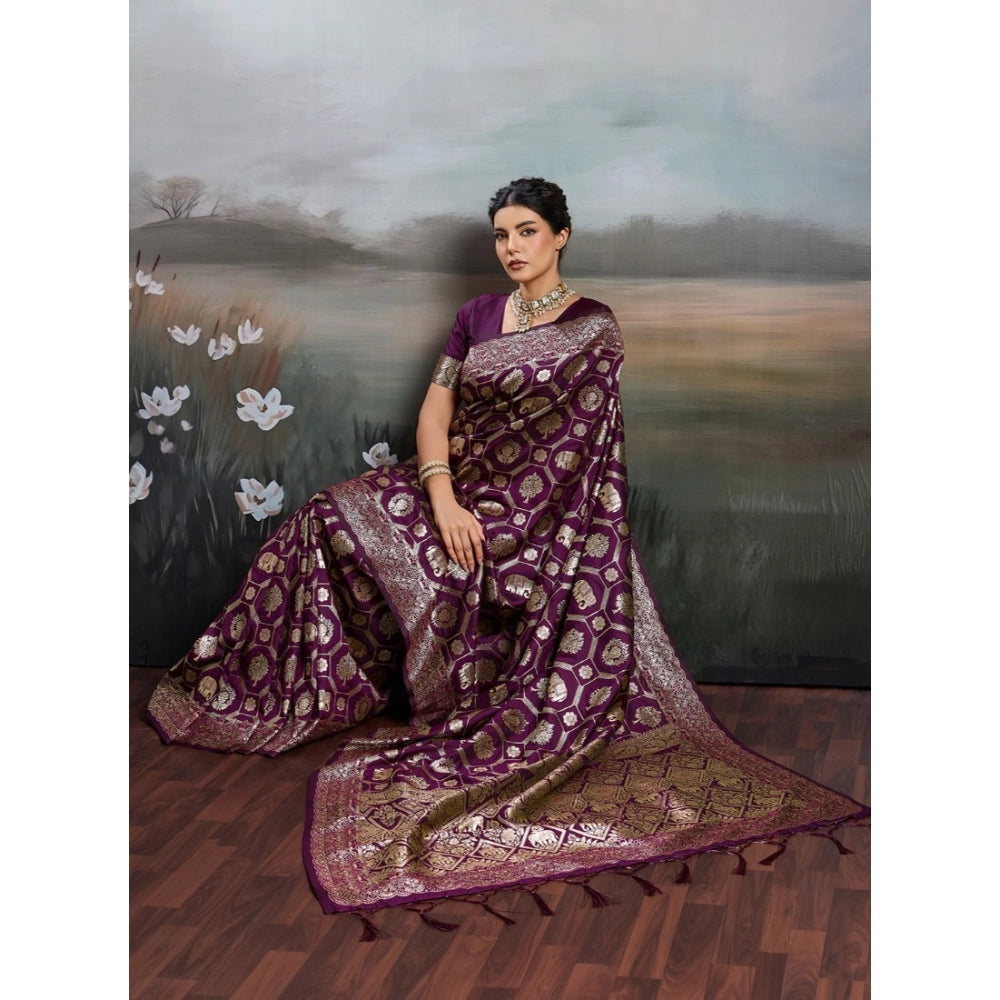 Women's Silk Blend Printed Saree With Unstitched Blouse 5.5Mtr (Wine)