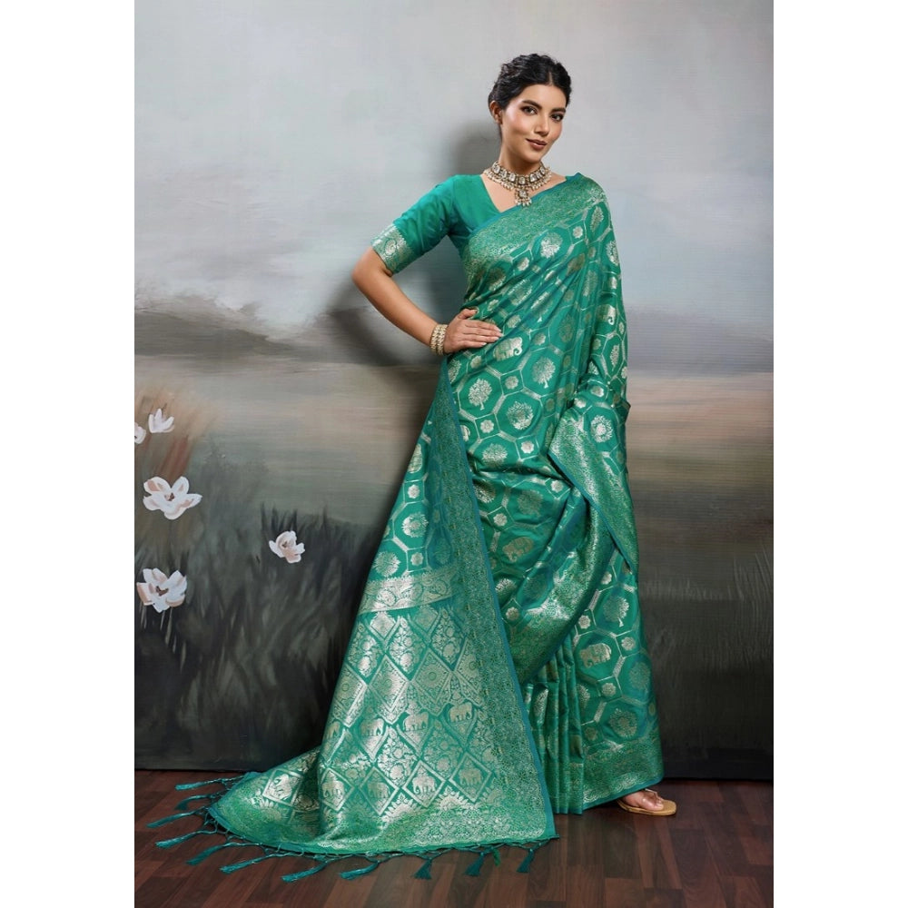 Women's Silk Blend Printed Saree With Unstitched Blouse 5.5Mtr (Rama Green)