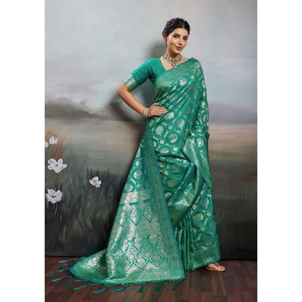 Women's Silk Blend Printed Saree With Unstitched Blouse 5.5Mtr (Rama Green)