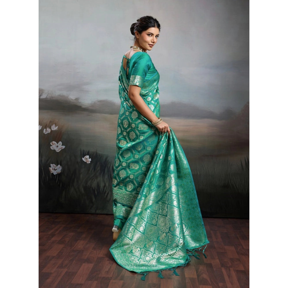 Women's Silk Blend Printed Saree With Unstitched Blouse 5.5Mtr (Rama Green)