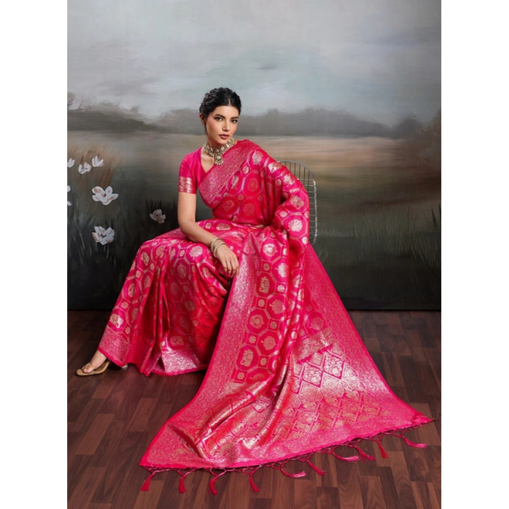 Women's Silk Blend Printed Saree With Unstitched Blouse 5.5Mtr (Pink)