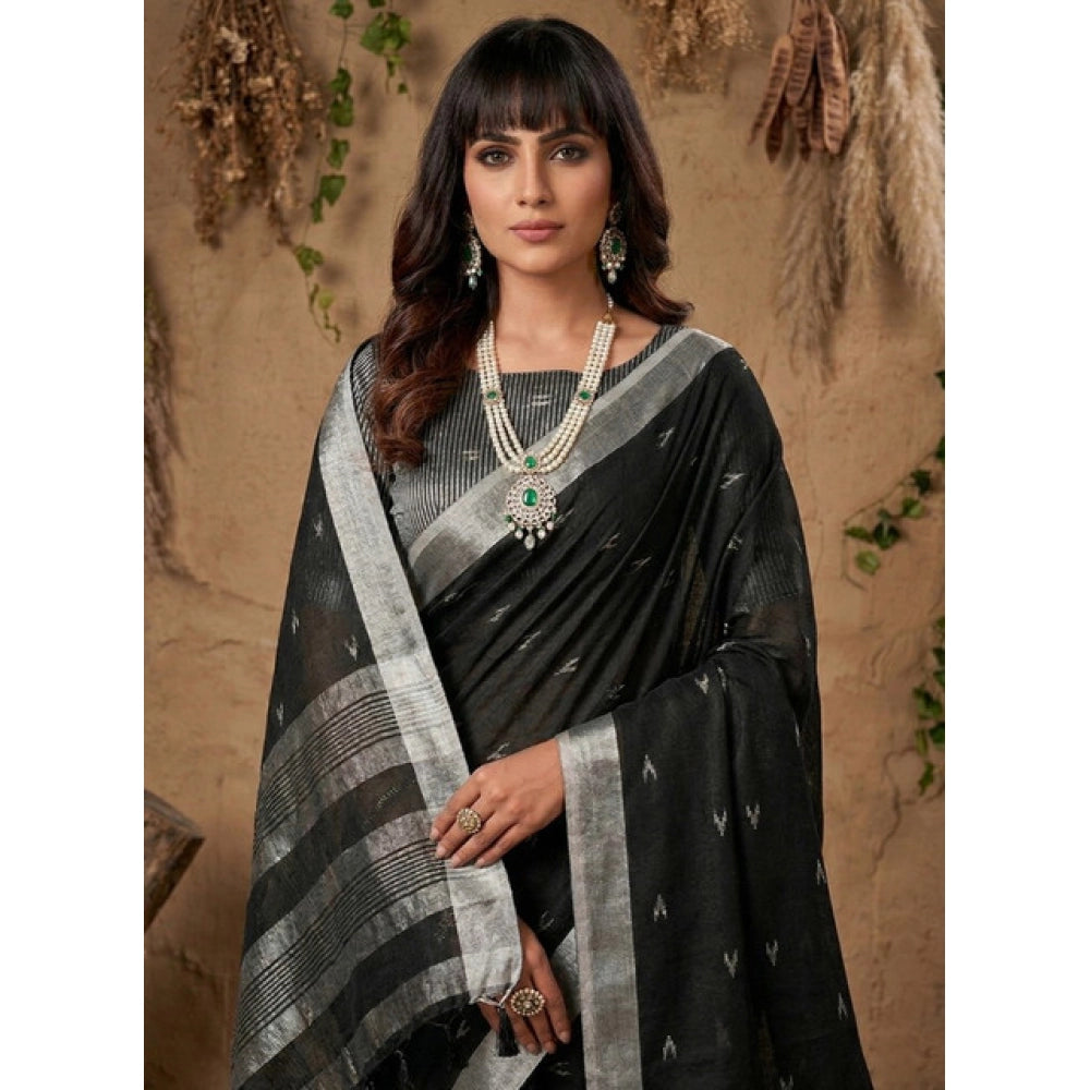 Women's Linen Cotton Printed Saree With Unstitched Blouse 5.5Mtr (Black)