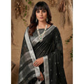 Women's Linen Cotton Printed Saree With Unstitched Blouse 5.5Mtr (Black)